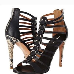 Coach NY Josey Vegan Leather Black Strappy Gladiator Snakeskin High Heels 8.5